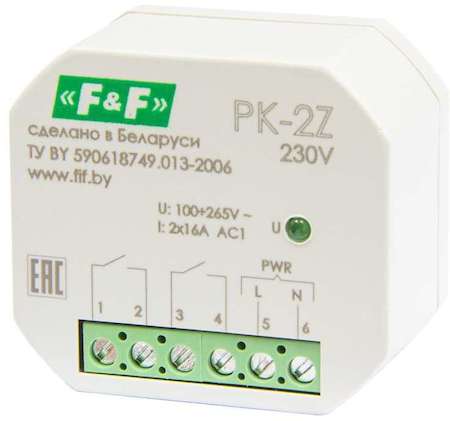 Евроавтоматика F&F Реле промежуточное PK-2Z-230 100-265В AC/DC 16А 2NO/NC для установки в монтаж. коробку d=60мм IP20 F&F EA06.001.049