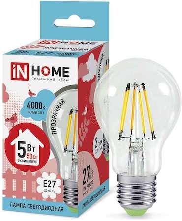Лампа светодиодная LED-A60-deco 5Вт грушевидная 230В E27 4000К 450лм прозр. IN HOME 4690612008035