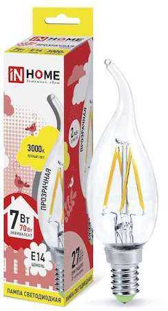 Лампа светодиодная LED-СВЕЧА НА ВЕТРУ-deco 7Вт 230В E14 3000К 630Лм прозр. IN HOME 4690612007663