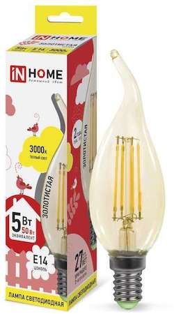 Лампа светодиодная LED-СВЕЧА НА ВЕТРУ-deco 5Вт 230В E14 3000К 450Лм зол. IN HOME 4690612007212