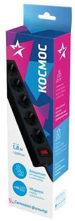 КОСМОС Удлинитель с сетевым фильтром 5х1.8м с заземл. 10А IP20 2.2кВт 3х0.75 индикатор сети черн. Космос FKsm1.8m-5g(B)