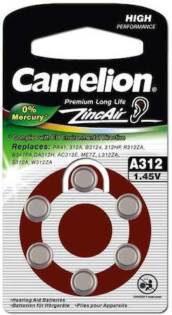 Элемент питания для слуховых аппаратов ZA312 Mercury Free A312-BP6(0%Hg) 1.4В 170мА.ч BL-6 (блист.6шт) Camelion 12825