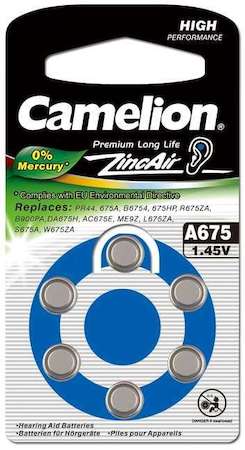 Элемент питания для слуховых аппаратов ZA675 Mercury Free A675-BP6(0%Hg) 1.4В 620мА.ч BL-6 (блист.6шт) Camelion 12826