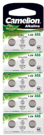 Элемент питания алкалиновый "таблетка" G 6 Mercury Free AG6-BP0%Hg 371A/LR920/171 BL-10 (блист.10шт) Camelion 12814