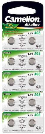 Элемент питания алкалиновый "таблетка" G 8 Mercury Free AG8-BP0%Hg 391A/LR1120/191 BL-10 (блист.10шт) Camelion 12816