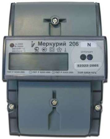 00000032568 Счетчик "Меркурий" 206 N 1ф 5-60А 1.0/2.0 класс точн. многотариф. оптопорт ЖКИ DIN-рейка Моск. вр. Инкотекс 32568