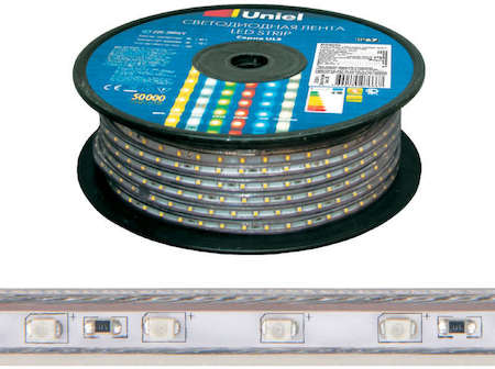 Лента светодиодная герметичная гибкая ULS-2835-60LED/m-10mm-IP67-220V-8W/m-50M-W свет бел. 8Вт/м (уп.50м) Uniel UL-00000858