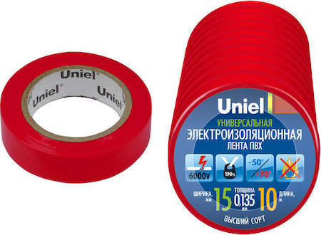 Лента изоляционная UIT-135P 10/15/10 RED 10м 15мм 0.135мм (уп.10шт) красн. Uniel 04520