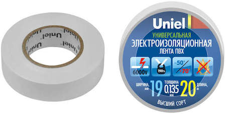 Лента изоляционная UIT-135P 20/19/01 WHT 20м 19мм 0.135мм бел. Uniel 04481