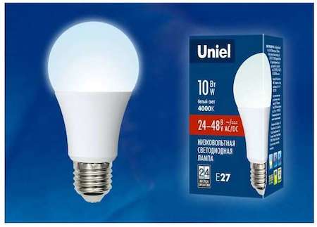 Лампа светодиодная LED-A60-10W/NW/E27/FR/24-48V грушевидная PLO55WH 24-48В форма "A" мат. бел. 4000К упак. картон Uniel UL-00002382