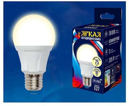 Лампа светодиодная LED-A60 10W/WW/E27/FR грушевидная PLP01WH форма "А" мат. серия "ЯРКАЯ" свет теплый бел. 3000К упак. картон Uniel UL-00001524