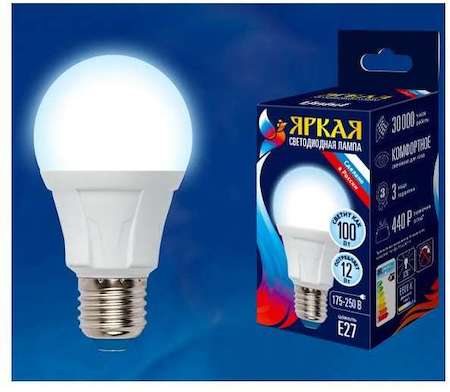 Лампа светодиодная LED-A60 12W/DW/E27/FR грушевидная PLP01WH форма "А" мат. серия "ЯРКАЯ" свет дневной 6500К упак. картон Uniel UL-00002005