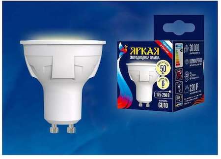 Лампа светодиодная LED-JCDR 6W/WW/GU10/FR PLP01WH форма "JCDR" мат. серия "ЯРКАЯ" свет теплый бел. 3000К упак. картон Uniel UL-00002423