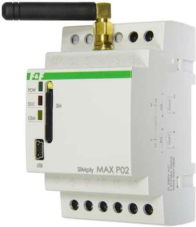 Евроавтоматика F&F Реле дистанц. управления SIMply MAX Р02 (встроенный GSM-коммуникатор; 2 вх. и 2 вых.; mini-USB; реле для дист. открытия въездных ворот; шлагбаумов с помощью вызова с телефона (функция CLIP); 3 модуля; монтаж на DIN-рейке) F&F EA15.001.002