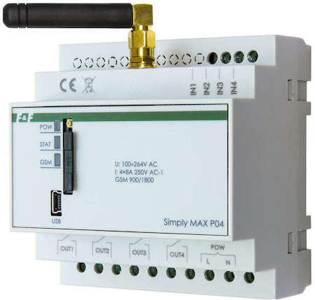 Евроавтоматика F&F Реле дистанц. управления SIMply MAX P04 (встроенный GSM-коммуникатор; 4 входа и 4 выхода.; реле для дистанц.контрол. сост. и управл. удален. объект. с помощью SMS; 4 модуля; монтаж на DIN-рейке) F&F EA15.001.004