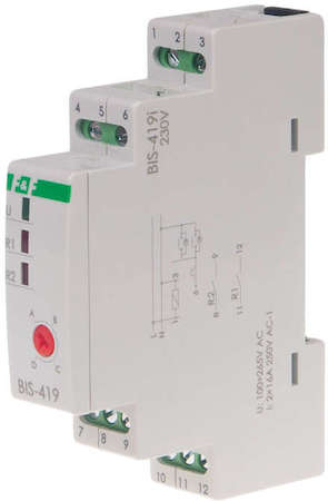 Евроавтоматика F&F Реле импульсное BIS-419i (установка на DIN-рейку; 4 режима работы; управление двумя нагрузками; для нагрузки с больш. пусков. током (160А/20мс)) F&F EA01.005.021