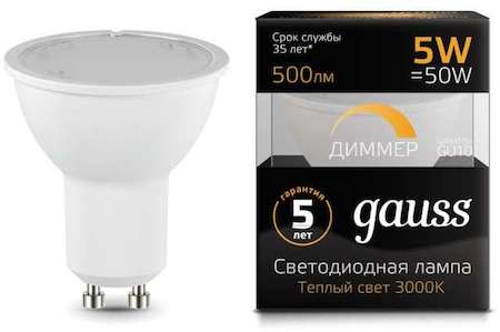 Фото Gauss 101506105-D Лампа LED MR16 GU10-dim 5W 3000K диммируемая 1/10/100