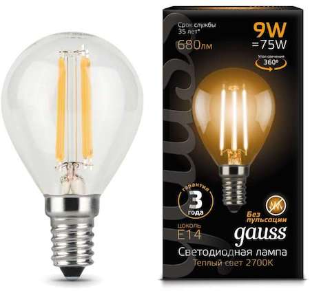 Gauss Лампа светодиодная Filament Шар E14 9Вт 2700К GAUSS 105801109