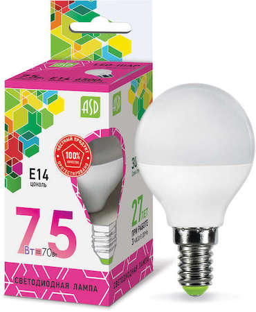 Лампа светодиодная LED-ШАР-standard 7.5Вт 230В E14 6500К 675Лм ASD 4690612019017