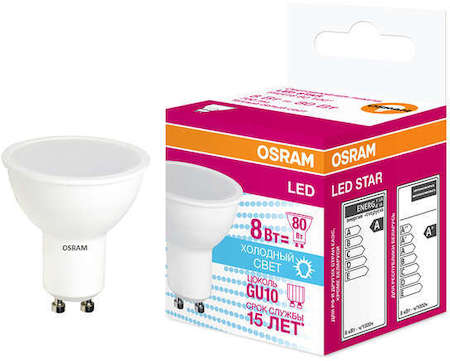 Osram Лампа светодиодная LED STAR PAR16 8W/840 (замена 75Вт) 8Вт 4000К нейтр. бел. GU10 700лм 220-240В матов. пласт. OSRAM 4058075211018