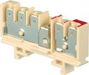beige Railway Terminal Blocks HD6/9.3G.2G 2 circuits. 1 terminal block with 3 tabs for 6,3 x 0,8 mm (.248" x .031") quick connect with possible testing and transverse connection.  1 terminal block with 2 tabs for 6,3 x 0,8 mm (.248" x .031") quick connect, marked in red