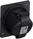 Black Socket-outlet, panel mounting, earthing sleeve position 6h, rated current 16A, IP44 splashproof, minimized flange, angled, 2-poles+earth, frequency 50-60 Hz, color code Blue