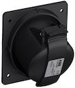 Black Socket-outlet, panel mounting, earthing sleeve position 6h, rated current 16A, IP44 splashproof, minimized flange, angled, 3-poles+earth, frequency 50-60 Hz, color code Red