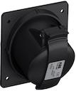 Black Socket-outlet, panel mounting, earthing sleeve position 6h, rated current 16A, IP44 splashproof, minimized flange, angled, 3-poles+neutral+earth, frequency 50-60 Hz, color code Red