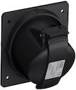 Black Socket-outlet, panel mounting, earthing sleeve position 6h, rated current 32A, IP44 splashproof, minimized flange, angled, 2-poles+earth, frequency 50-60 Hz, color code Blue
