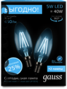 Лампа Gauss Filament Свеча E14 5W 4100К 2/100 (2 лампы в упаковке)