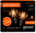 Лампа Gauss Filament Шар E14 5W 2700К 2/100 (2 лампы в упаковке)