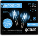 Лампа Gauss Filament Шар E14 5W 4100К 2/100 (2 лампы в упаковке)