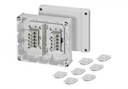 DP 9222 - Коробка ответвительная для кабельных каналов, IP 54, цвет серый, в комплекте с 7 выдвижными заглушками DPS 02, размер 119х139х49, материал полистирол, герметичная зона 10-13,5мм, 2 х 5-полюсных клеммника 1,5-2,5/4 мм2