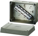 KF 9105 - Коробка ответвительная, стойкая к УФ, IP 66, размер 125х167х82, цвет серый, материал поликарбонат, опрессовка на 10 вводов М 20/25/32, 5-полюсный клеммник 4-10/16 мм2, кабельные ввода ASM заказываются отдельно.