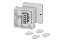 DP 9025 - Коробка ответвительная для кабельных каналов, IP 54, цвет серый, в комплекте с 4 выдвижными заглушками DPS 02, размер 88х88х49, материал полистирол, герметичная зона 10-13,5мм, 5-пол. клеммник 1,5-2,5/4 мм2