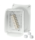 DK 1610 G - Коробка ответвительная, пломбируемая, для внутренней, или защищеной установки, размер 210х155х92 мм, 10 преднамеченных выбиваемых отверстий М25/М32/М40 в комплекте 3 кабельных ввода ESM 40 (17-30 мм), возможна установка 2-х кабельных вводов LD