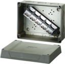 KF 9255 - Коробка ответвительная, стойкая к УФ, IP 66, размер 160х200х98, цвет серый, материал поликарбонат, опрессовка на 10 вводов М 20/25/32/40, 5-полюсный клеммник 10-25/35 мм2, кабельные ввода ASM заказываются отдельно.