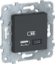UNICA NEW РОЗЕТКА USB, 2-местная, тип А+С, 5 В / 2400 мА, АНТРАЦИТ